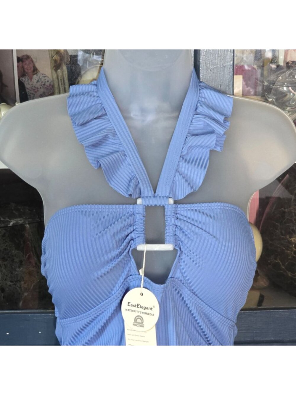 EastElegant Maternity One-Piece Swimsuit LG Blue Ruffled Halter Ribbed UPF 50+ - Picture 2 of 8